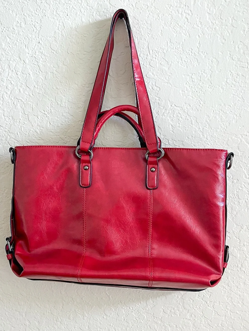 NWOT Unbranded Large Red Faux Leather Tote Shoulder Bag work School Travel New